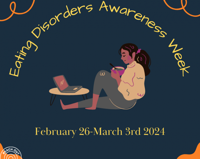 Graphic with animated woman sitting in front of her computer with food, and eating disorders awareness week February 26- March 3rd shown around the woman