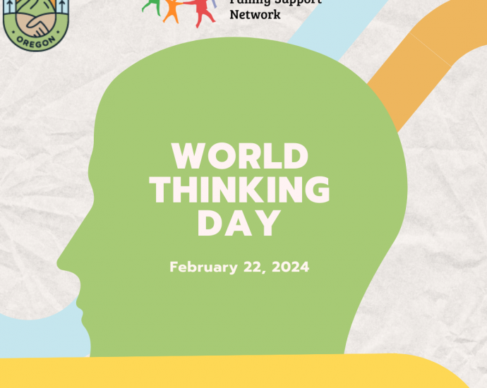 Silhouette of a head with World Thinking Day February 22, 2024 labeled over the top of the silhouette. There are interlacing lines around the head meant to accentuate the silhouette. OFSN logo is above the silhouette and the ROO logo is in the top left corner