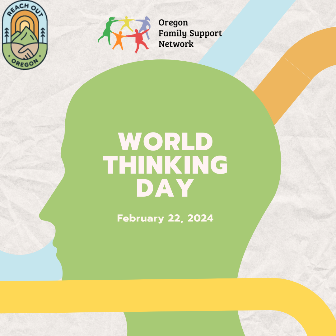 Silhouette of a head with World Thinking Day February 22, 2024 labeled over the top of the silhouette. There are interlacing lines around the head meant to accentuate the silhouette. OFSN logo is above the silhouette and the ROO logo is in the top left corner