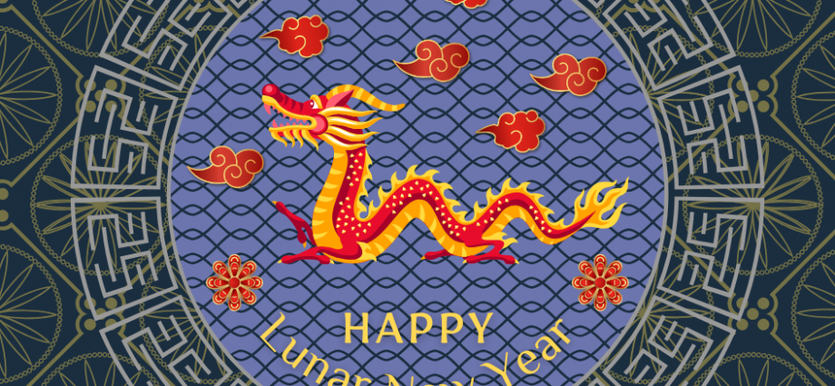 Happy Lunar New Year graphic with dragon centered around a circular pattern