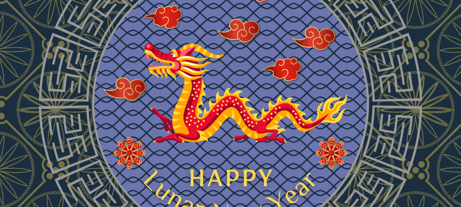 Happy Lunar New Year graphic with dragon centered around a circular pattern