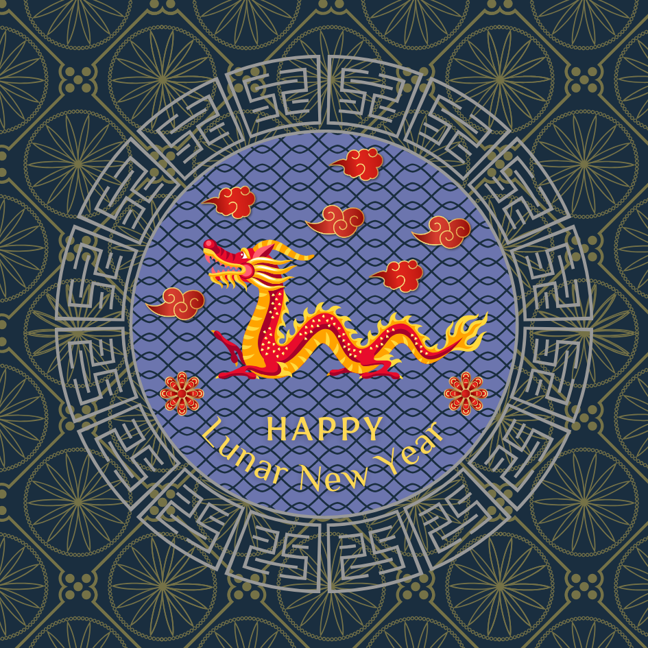 Happy Lunar New Year graphic with dragon centered around a circular pattern
