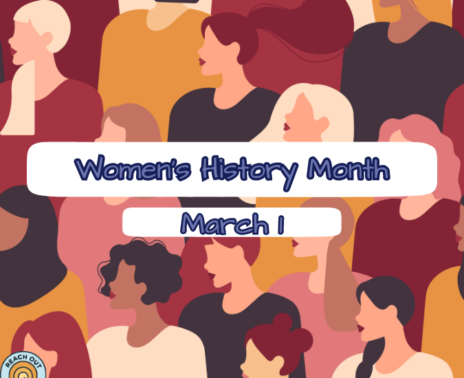 Background image of animated women of different skin tones and sizes captioned with Women's History Month March 1 in the center