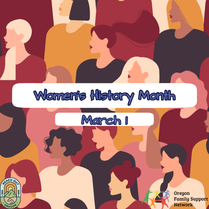 Background image of animated women of different skin tones and sizes captioned with Women's History Month March 1 in the center
